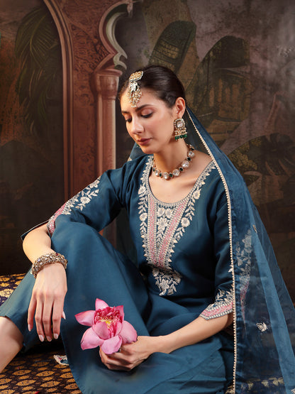 Blue Solid & Embroidered Roman Silk Straight Kurta Pant Dupatta Set (Pre-Order)