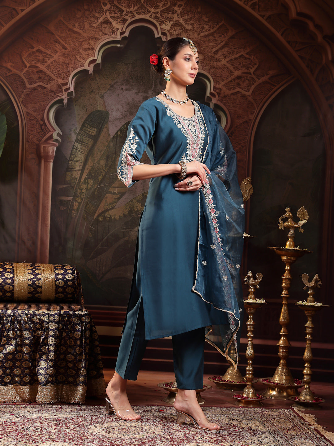 Blue Solid & Embroidered Roman Silk Straight Kurta Pant Dupatta Set