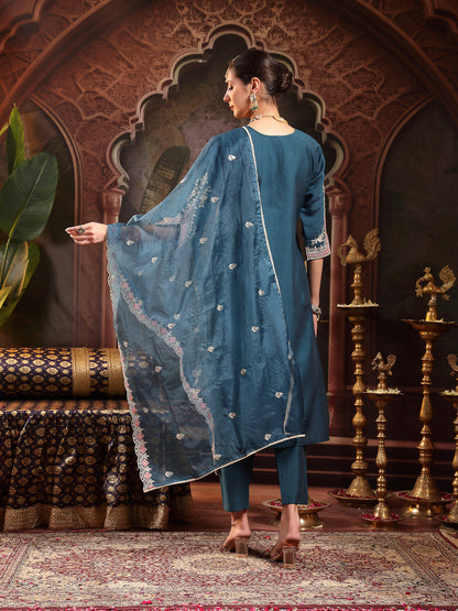 Blue Solid & Embroidered Roman Silk Straight Kurta Pant Dupatta Set