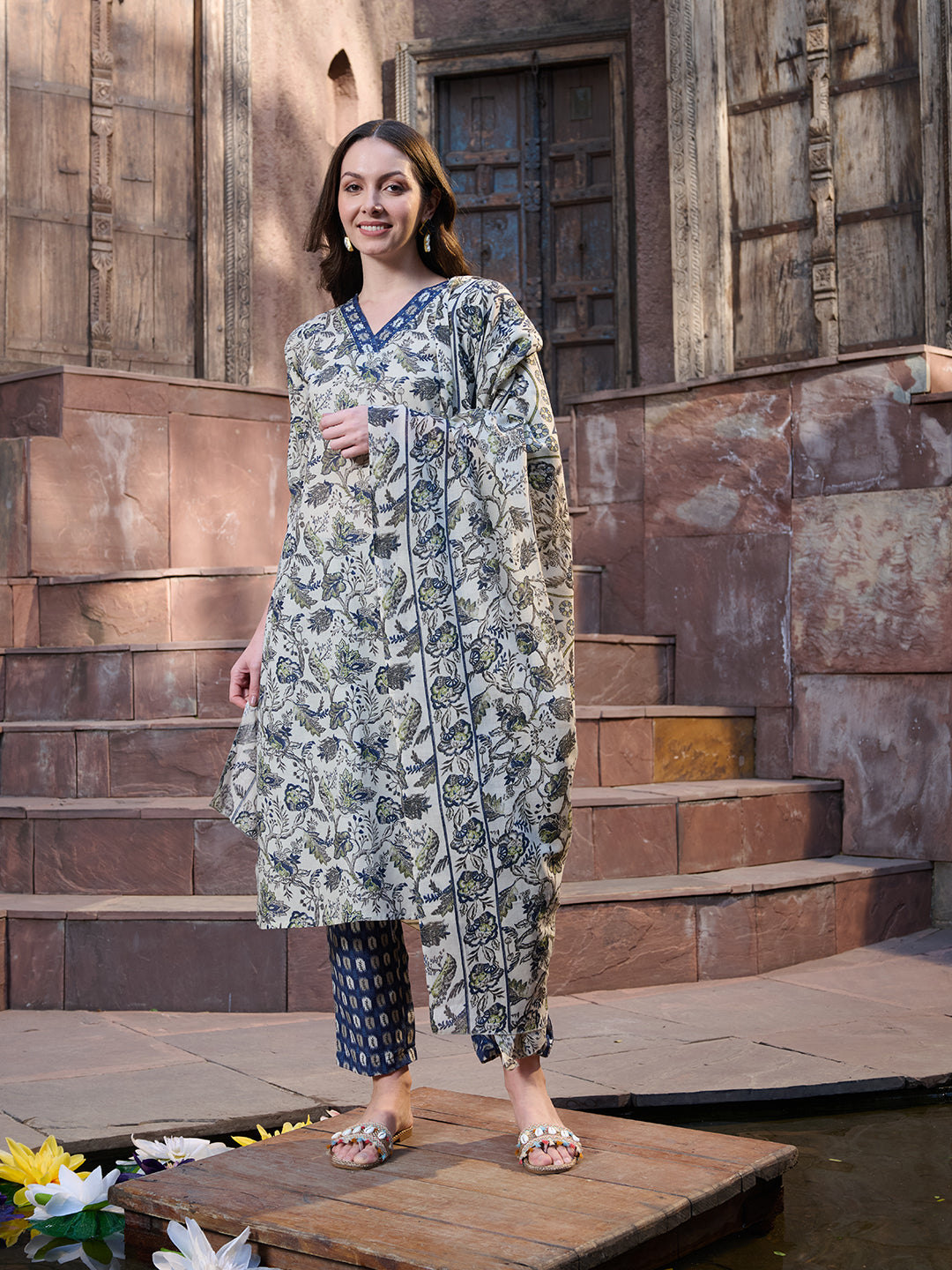 Blue Ethnic Printed Cotton Blend Straight Kurta Pant Dupatta Set
