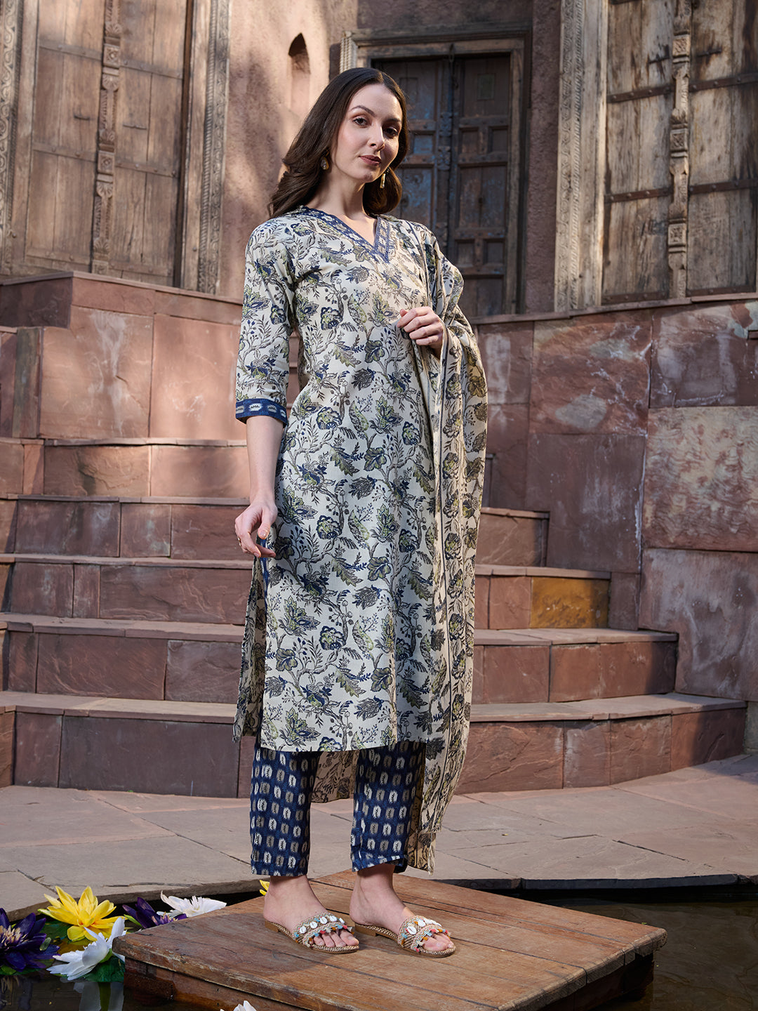Blue Ethnic Printed Cotton Blend Straight Kurta Pant Dupatta Set