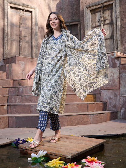 Blue Ethnic Printed Cotton Blend Straight Kurta Pant Dupatta Set