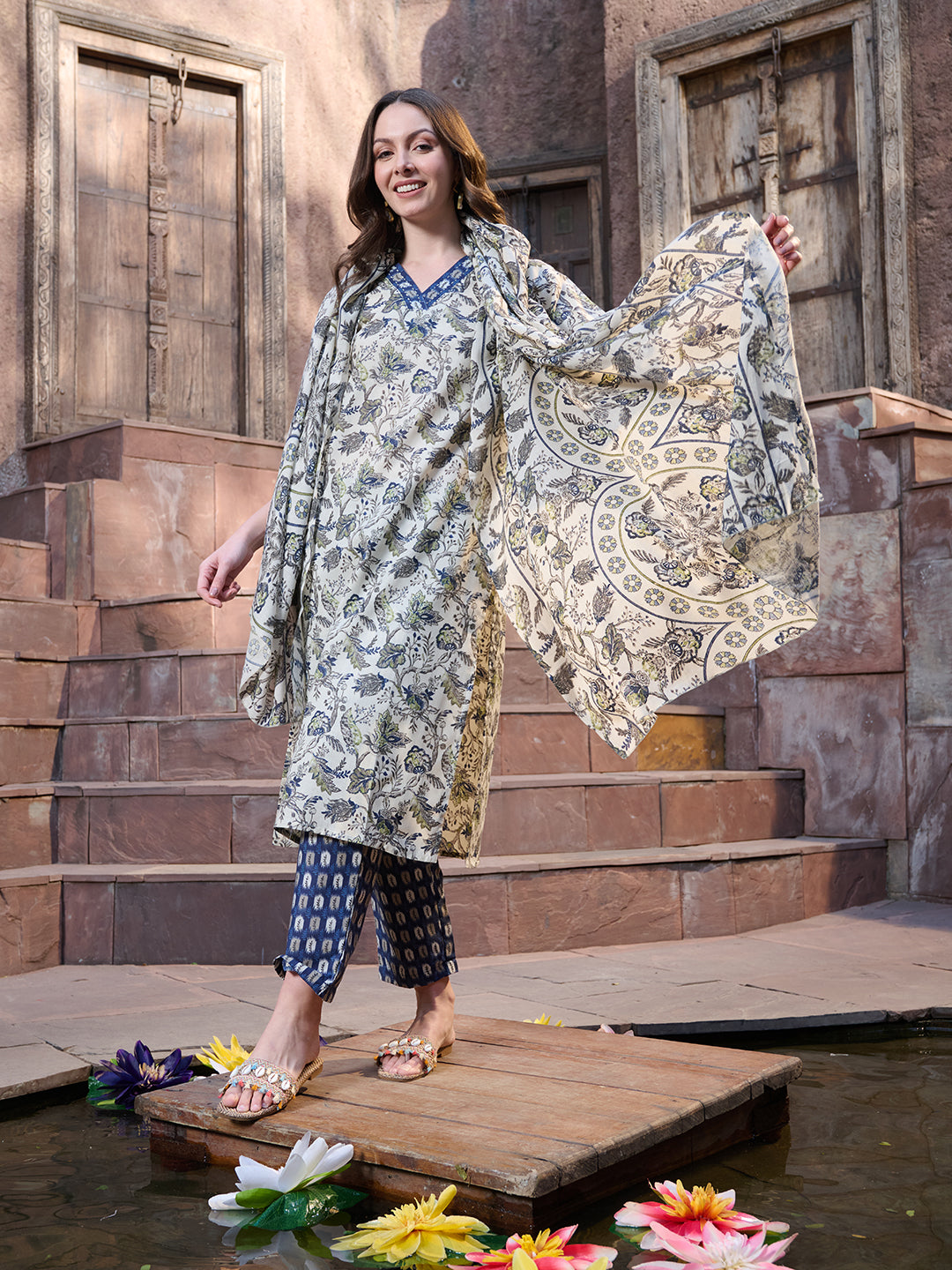 Blue Ethnic Printed Cotton Blend Straight Kurta Pant Dupatta Set (Pre-Order)