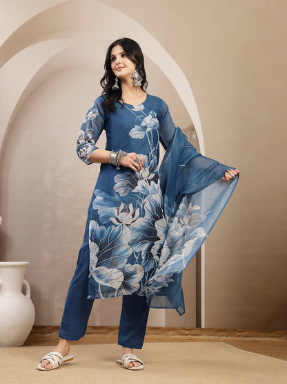 Floral Printed Chanderi Silk Straight Kurta Pant Dupatta Set