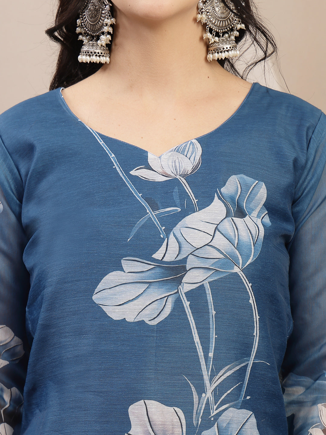 Floral Printed Chanderi Silk Straight Kurta Pant Dupatta Set