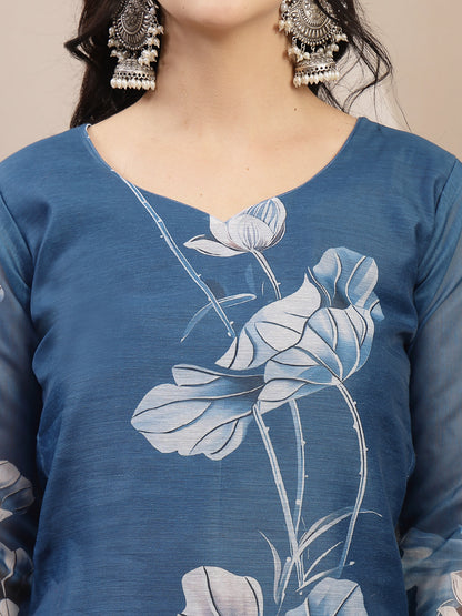 Floral Printed Chanderi Silk Straight Kurta Pant Dupatta Set