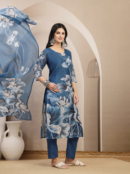Floral Printed Chanderi Silk Straight Kurta Pant Dupatta Set