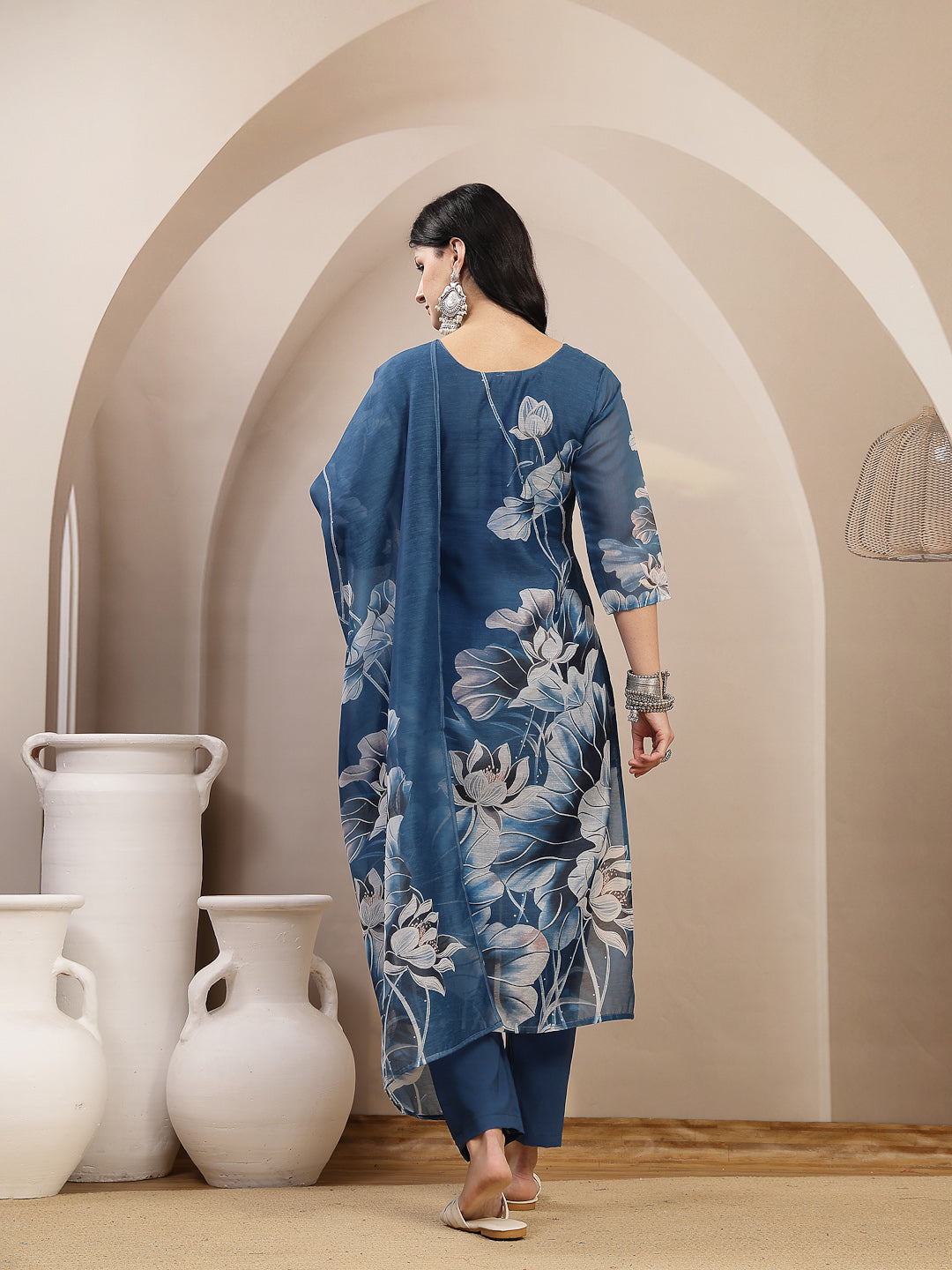 Floral Printed Chanderi Silk Straight Kurta Pant Dupatta Set