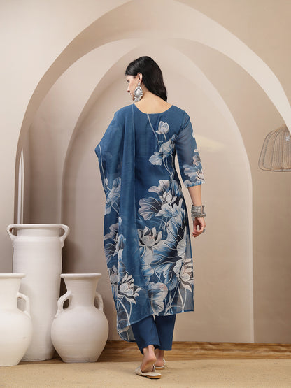 Floral Printed Chanderi Silk Straight Kurta Pant Dupatta Set