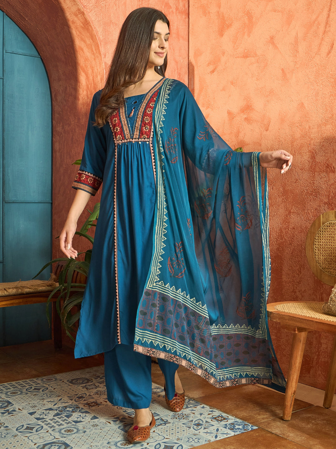 Solid Rayon A-Line Kurta Palazzo Dupatta Set