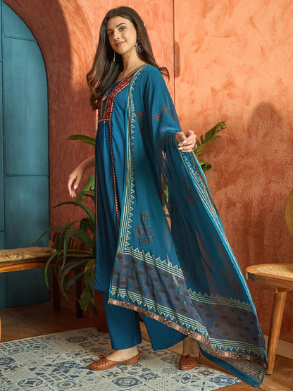 Solid Rayon A-Line Kurta Palazzo Dupatta Set