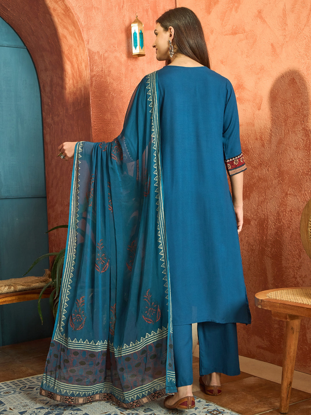 Solid Rayon A-Line Kurta Palazzo Dupatta Set