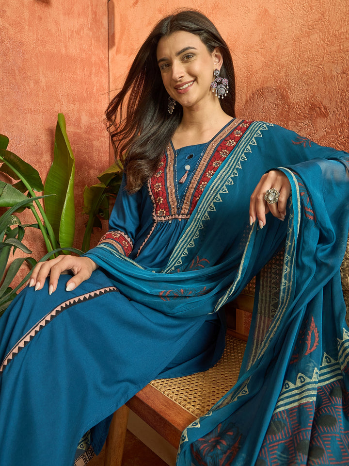 Solid Rayon A-Line Kurta Palazzo Dupatta Set