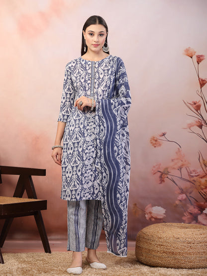 Blue Printed Cotton Straight Kurta Pant Dupatta Set (Pre-Order)
