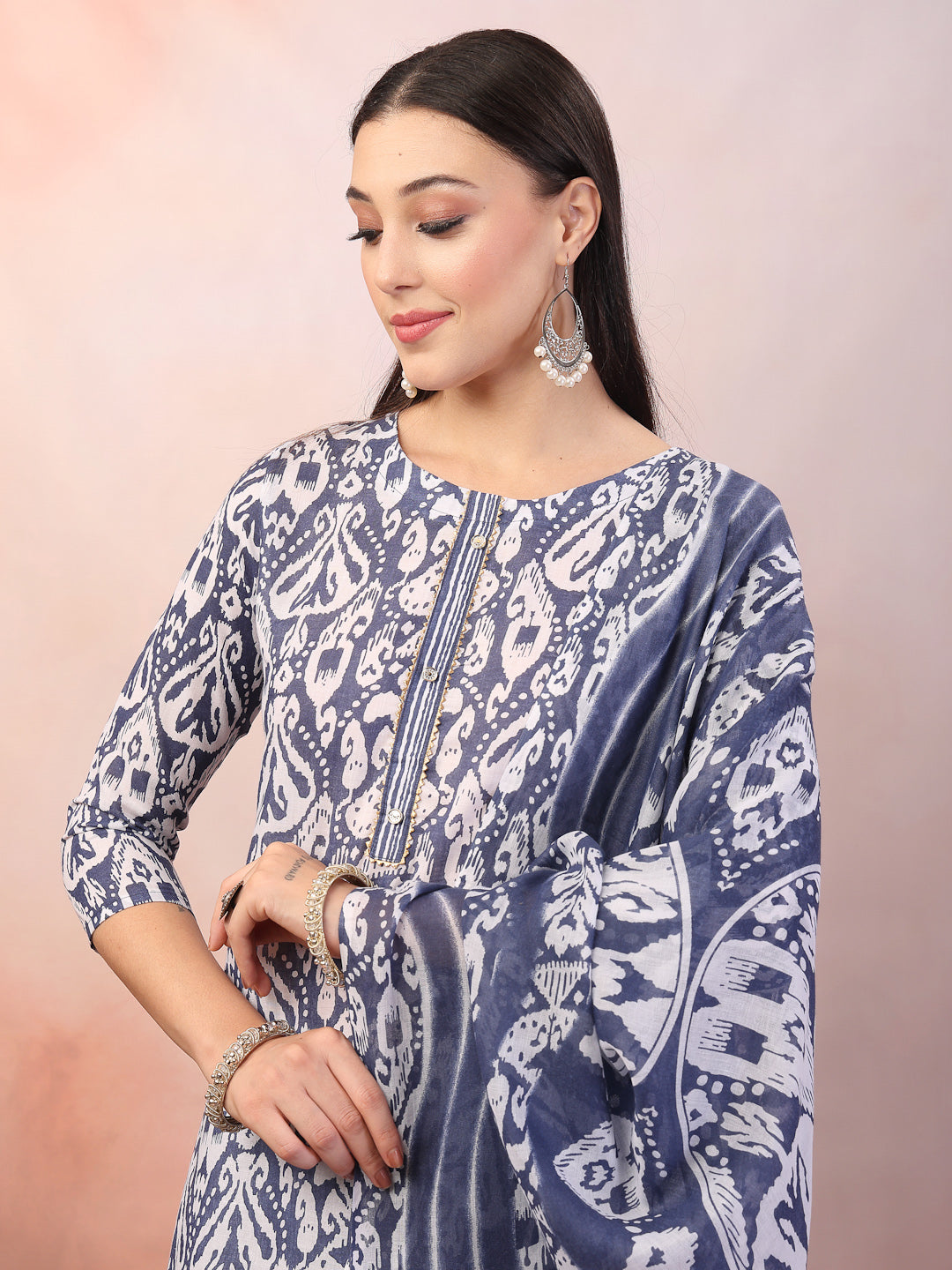 Blue Printed Cotton Straight Kurta Pant Dupatta Set (Pre-Order)