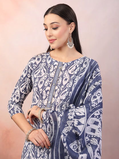 Blue Printed Cotton Straight Kurta Pant Dupatta Set (Pre-Order)