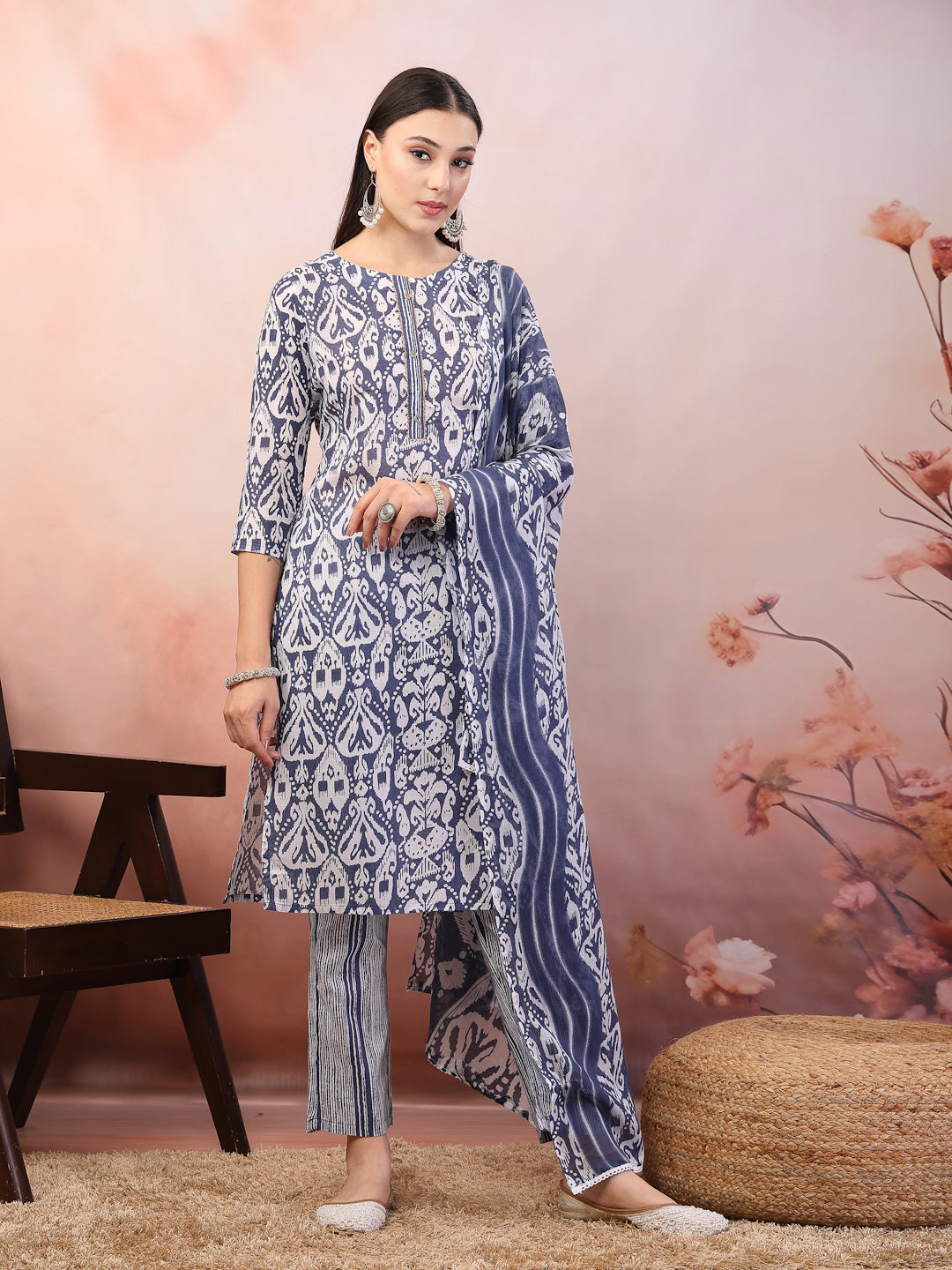 Blue Printed Cotton Straight Kurta Pant Dupatta Set (Pre-Order)