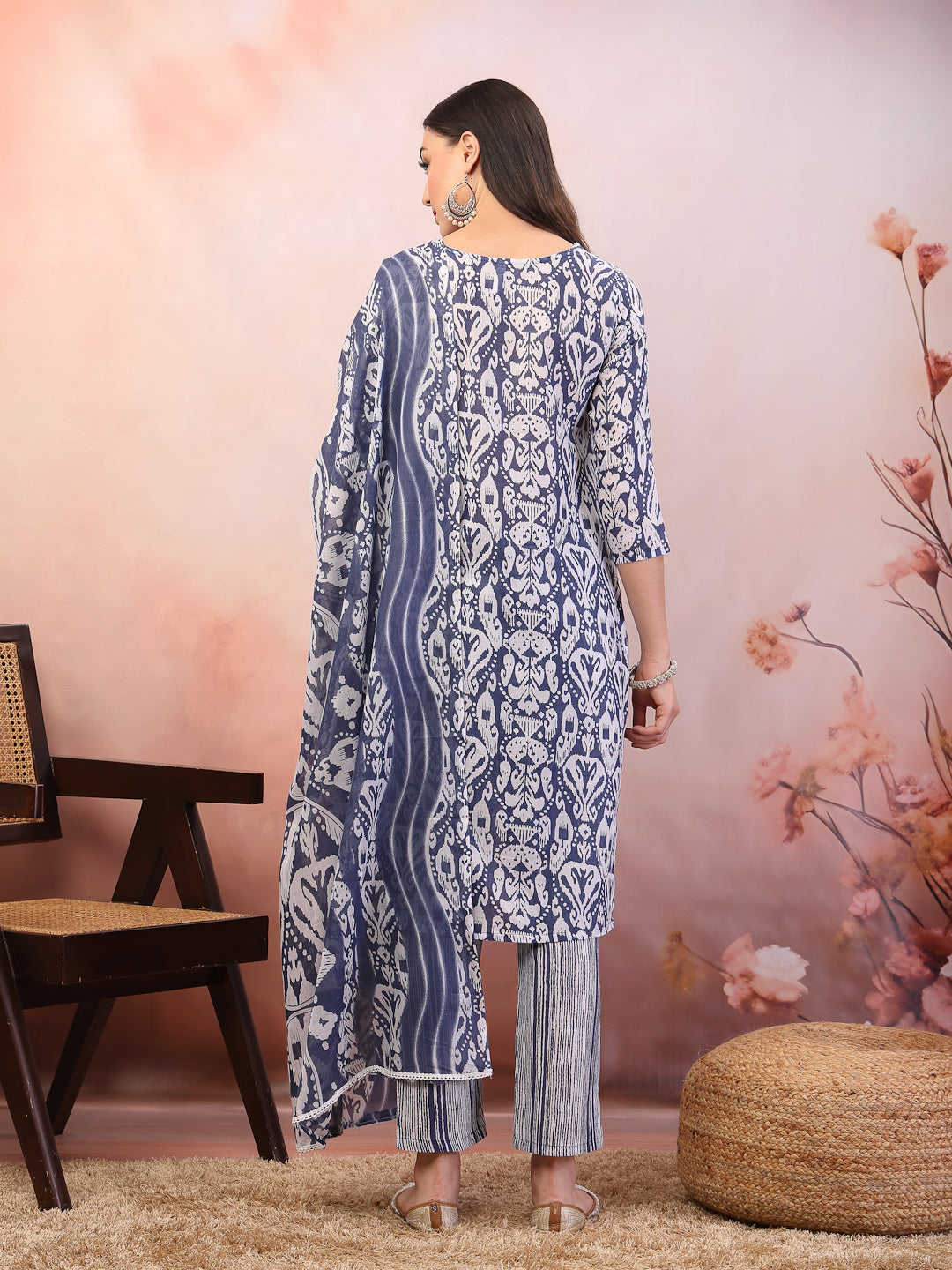 Blue Printed Cotton Straight Kurta Pant Dupatta Set (Pre-Order)