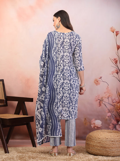 Blue Printed Cotton Straight Kurta Pant Dupatta Set (Pre-Order)