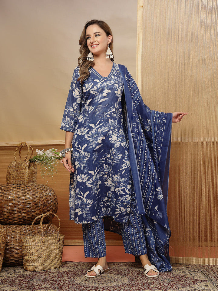 Floral Printed Cotton Blend Straight Kurta Pant Dupatta Set
