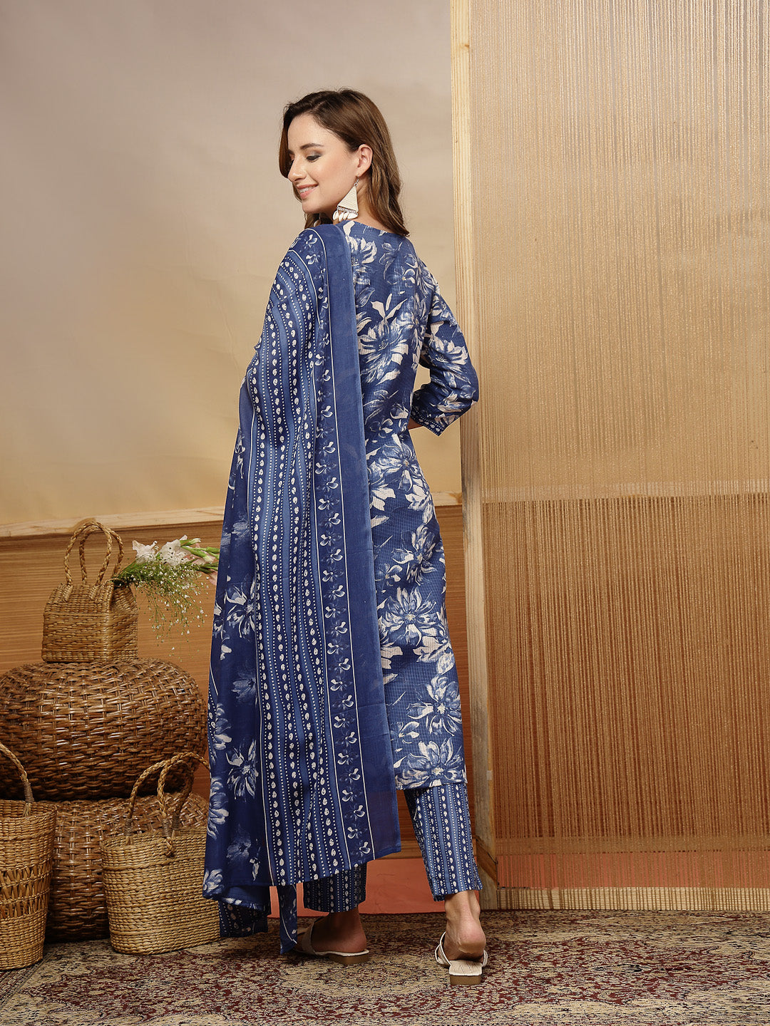 Floral Printed Cotton Blend Straight Kurta Pant Dupatta Set