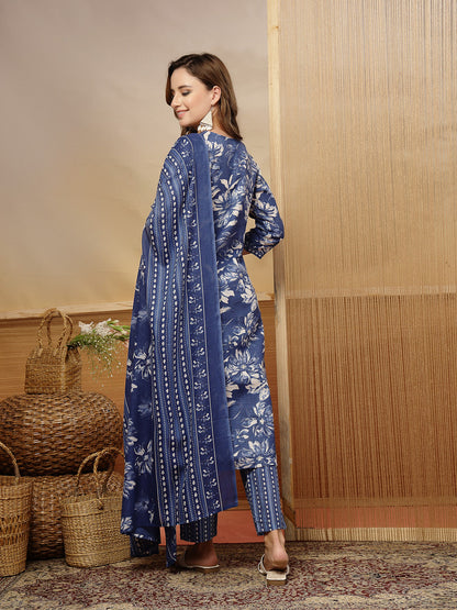Floral Printed Cotton Blend Straight Kurta Pant Dupatta Set
