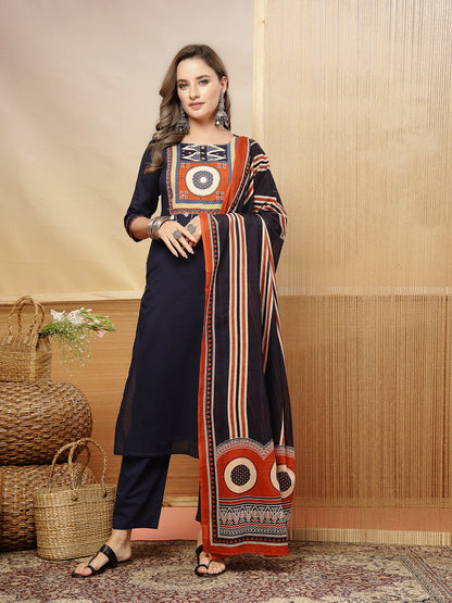 Solid Cotton Straight Kurta Pant Dupatta Set