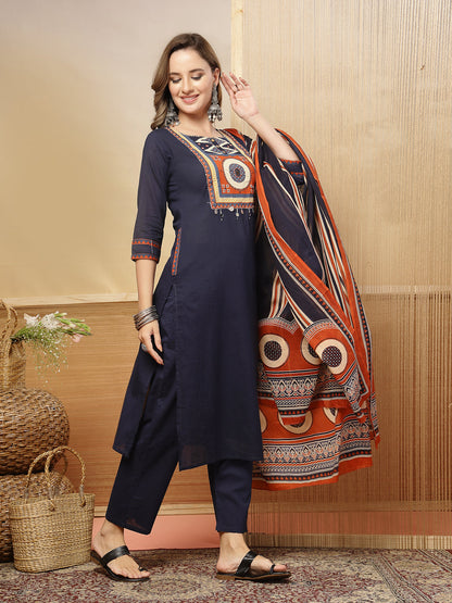 Solid Cotton Straight Kurta Pant Dupatta Set