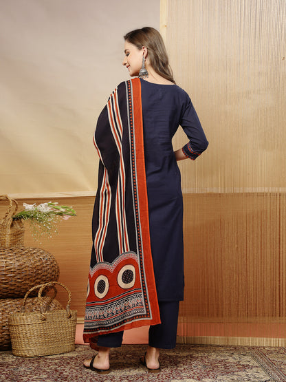 Solid Cotton Straight Kurta Pant Dupatta Set