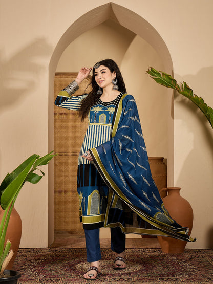 Striped Printed Cotton Straight Kurta Pant Dupatta Set