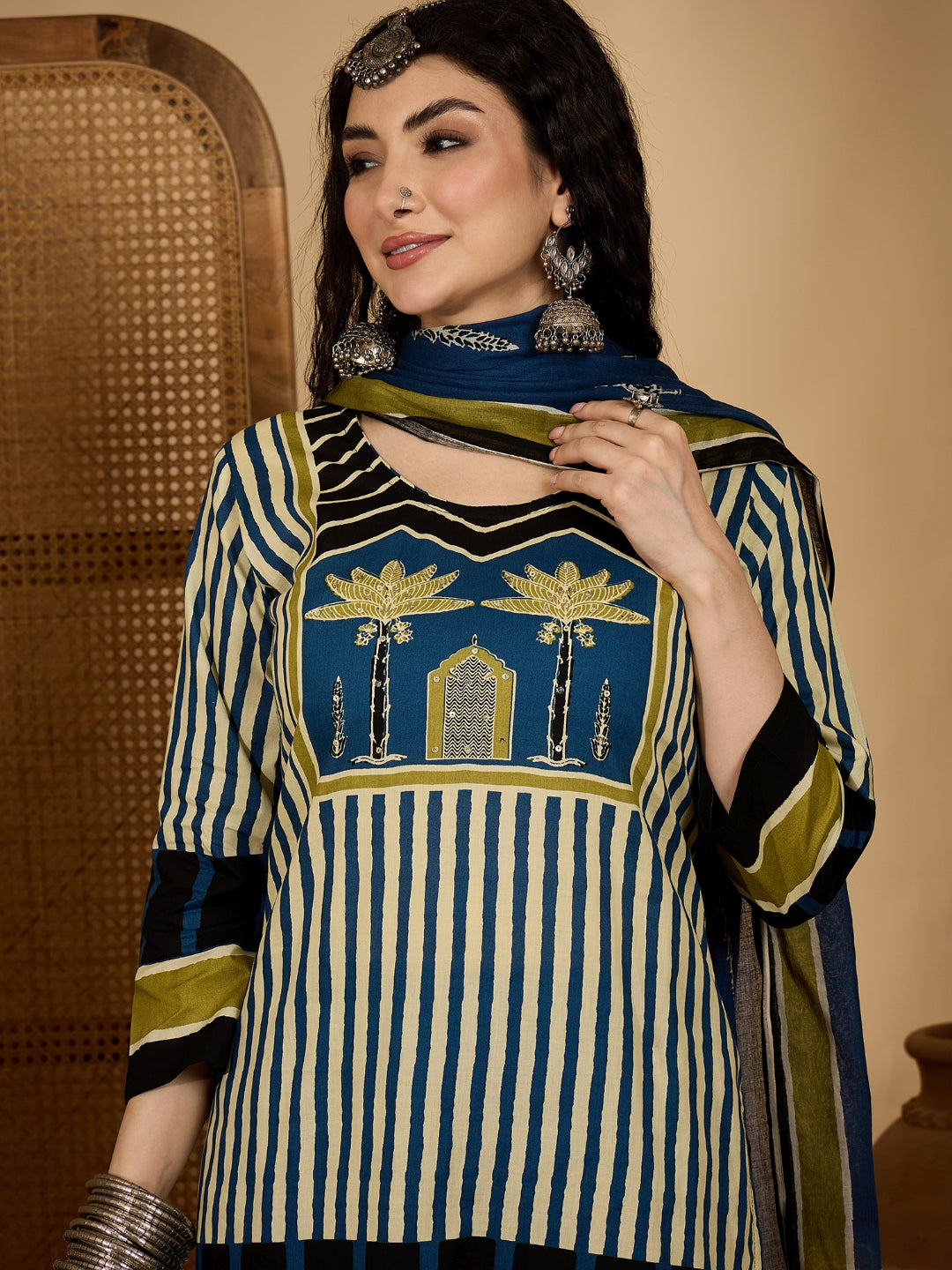 Striped Printed Cotton Straight Kurta Pant Dupatta Set