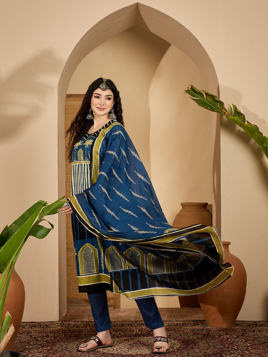 Striped Printed Cotton Straight Kurta Pant Dupatta Set