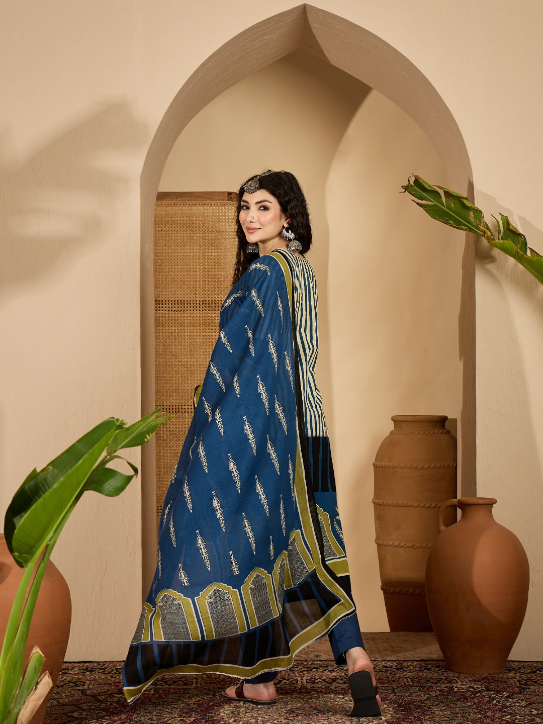 Striped Printed Cotton Straight Kurta Pant Dupatta Set