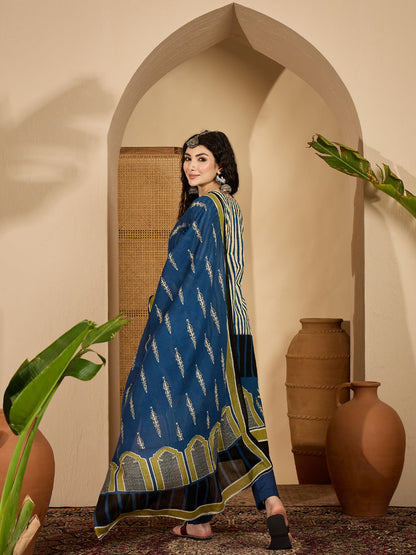 Striped Printed Cotton Straight Kurta Pant Dupatta Set