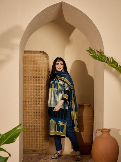Striped Printed Cotton Straight Kurta Pant Dupatta Set