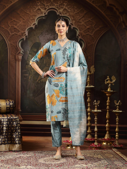 Blue Floral Printed Silk Blend Straight Kurta Pant Dupatta Set