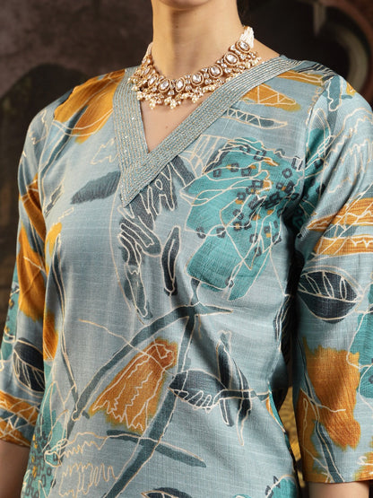 Blue Floral Printed Silk Blend Straight Kurta Pant Dupatta Set