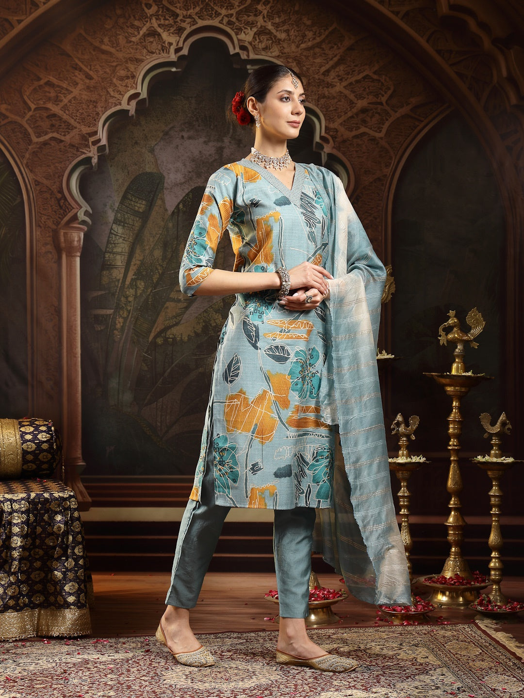 Blue Floral Printed Silk Blend Straight Kurta Pant Dupatta Set
