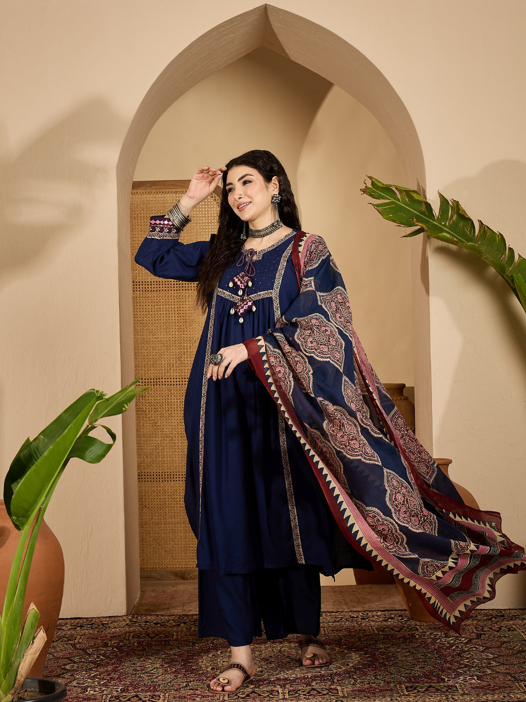 Solid Rayon A-Line Kurta Pant Dupatta Set