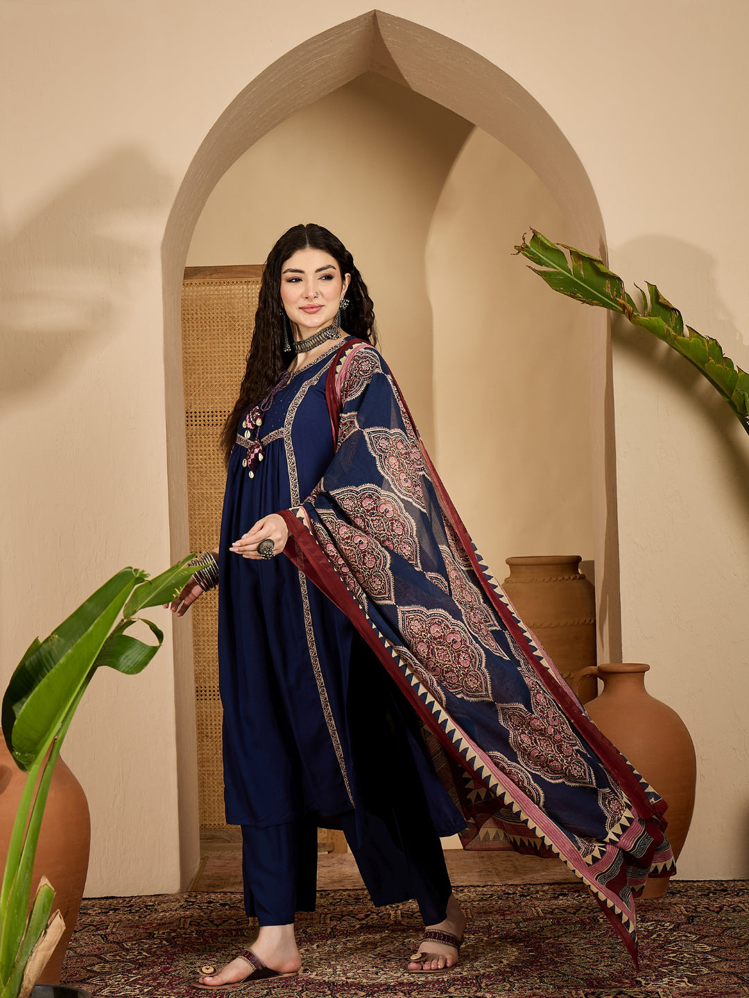 Solid Rayon A-Line Kurta Pant Dupatta Set