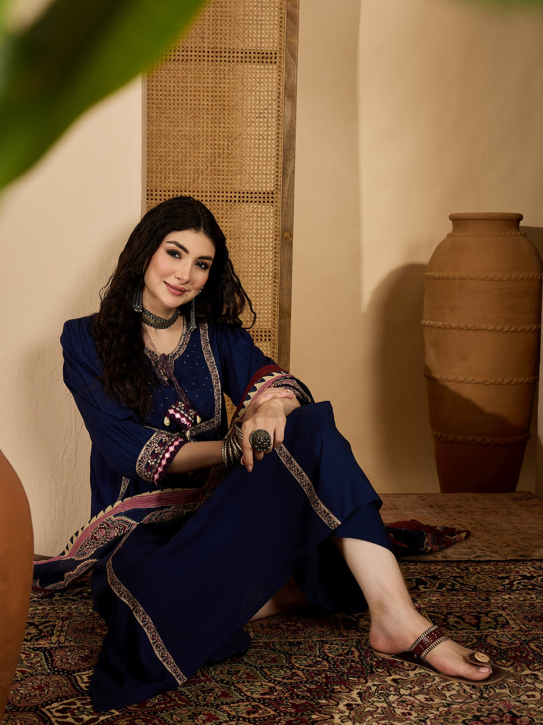 Solid Rayon A-Line Kurta Pant Dupatta Set