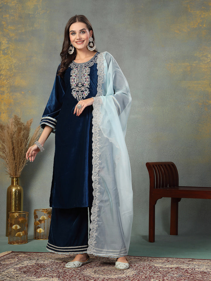 Blue Solid &amp; Embroidered Velvet Straight Kurta Pant Dupatta Set