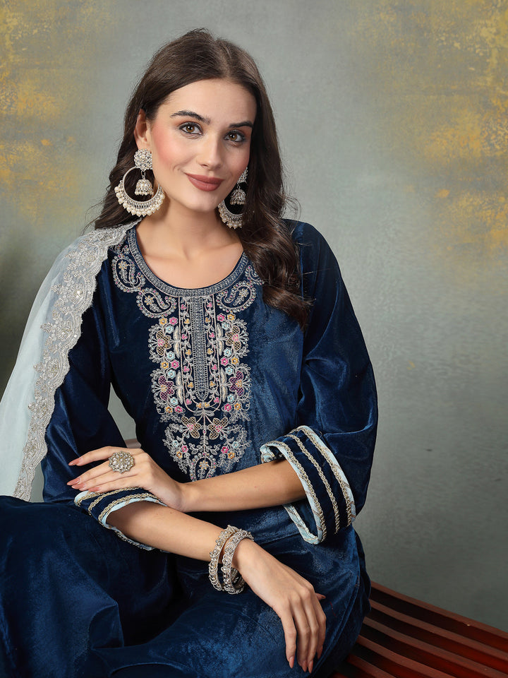 Blue Solid &amp; Embroidered Velvet Straight Kurta Pant Dupatta Set