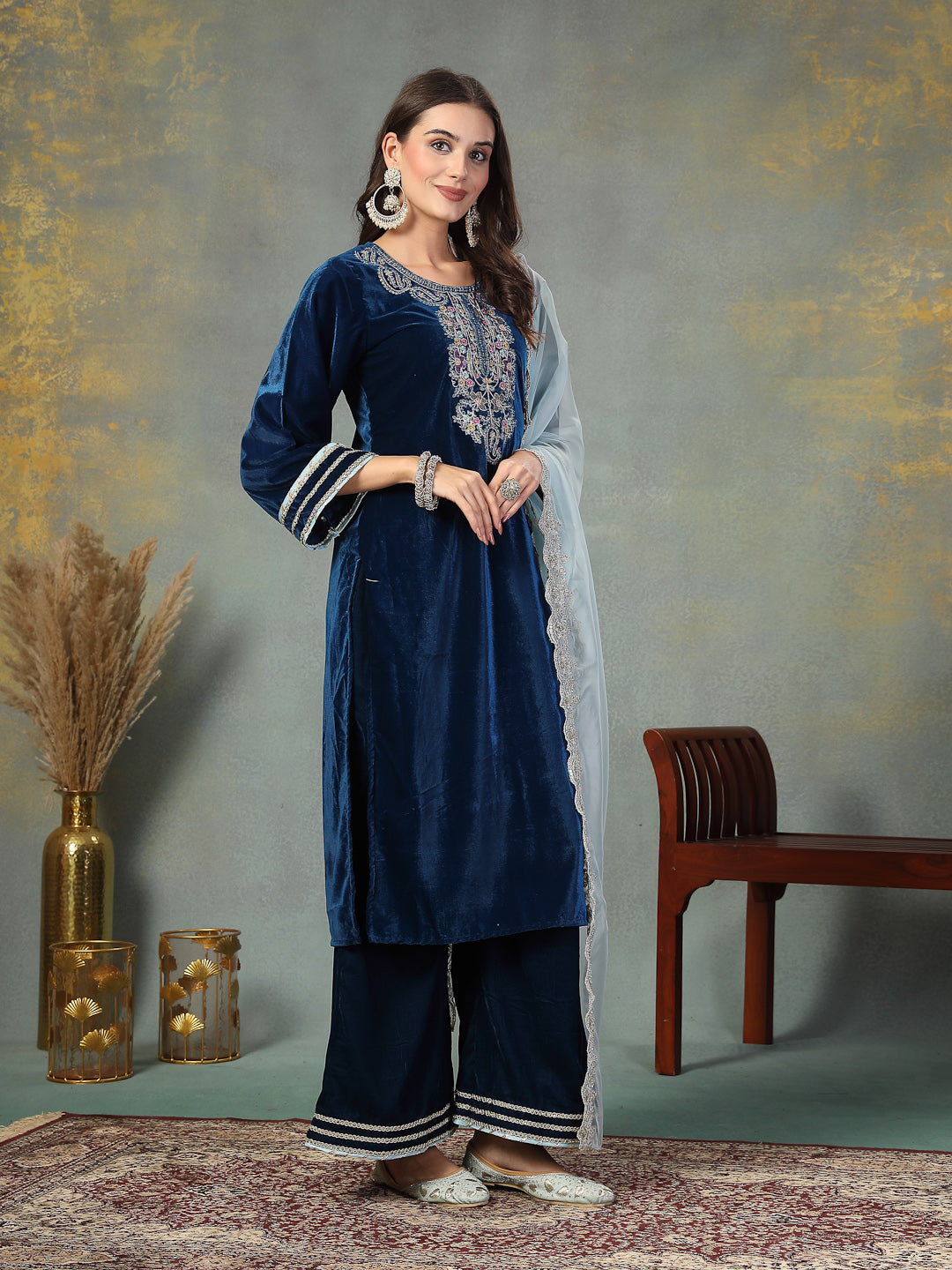 Blue Solid &amp; Embroidered Velvet Straight Kurta Pant Dupatta Set