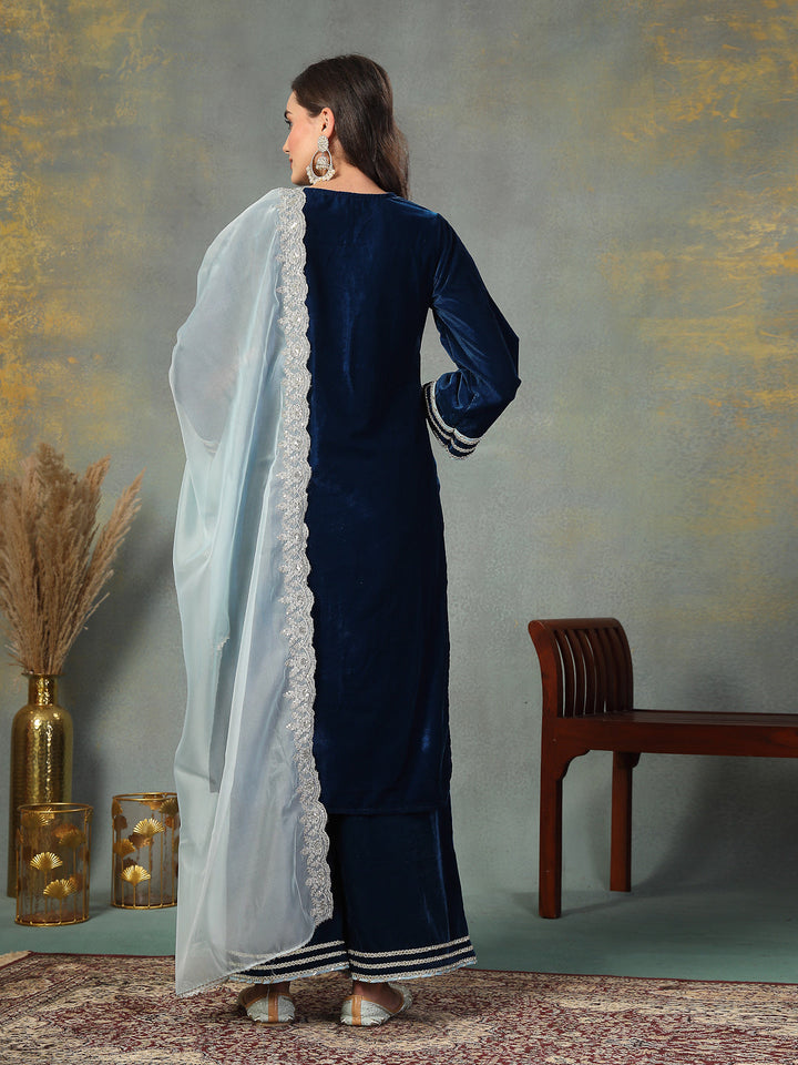 Blue Solid &amp; Embroidered Velvet Straight Kurta Pant Dupatta Set