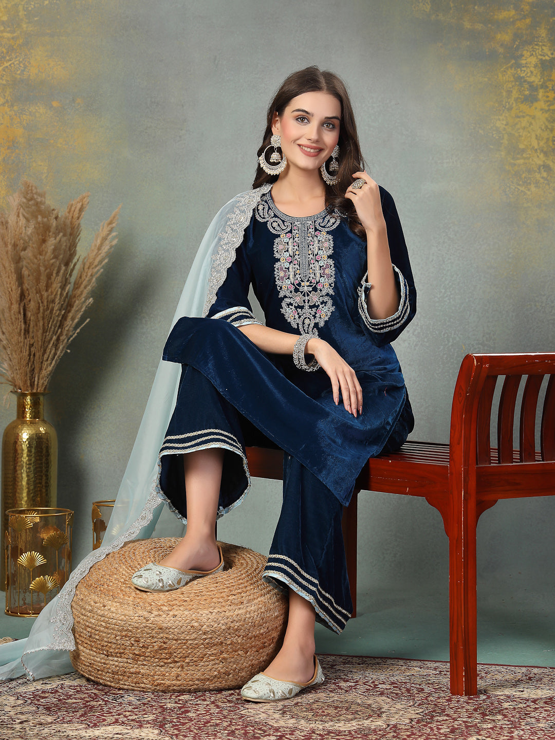 Blue Solid &amp; Embroidered Velvet Straight Kurta Pant Dupatta Set