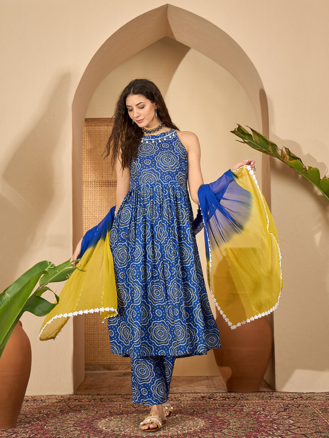 Bandhej Printed Cotton Anarkali Kurta Pant Dupatta Set