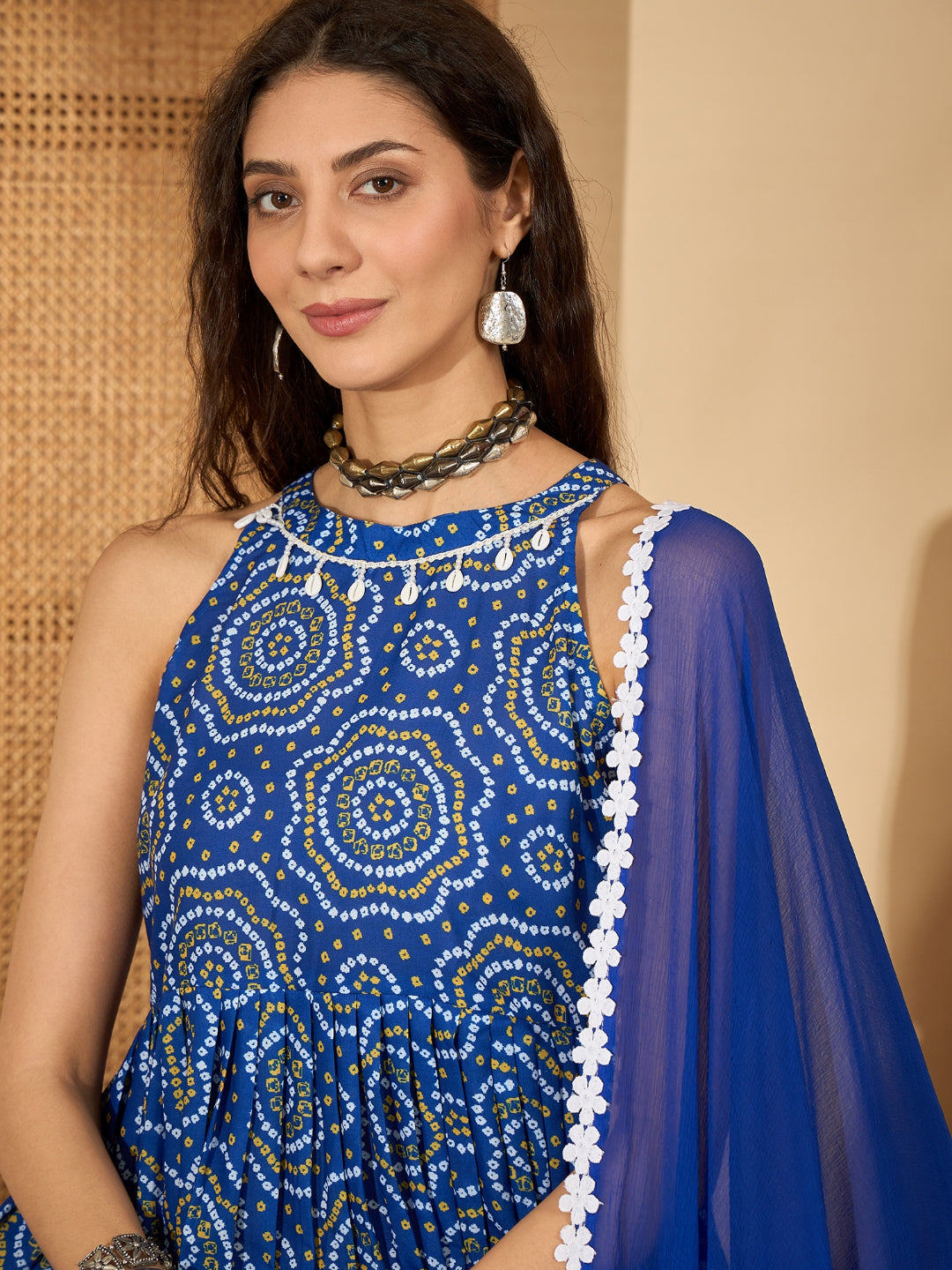 Bandhej Printed Cotton Anarkali Kurta Pant Dupatta Set