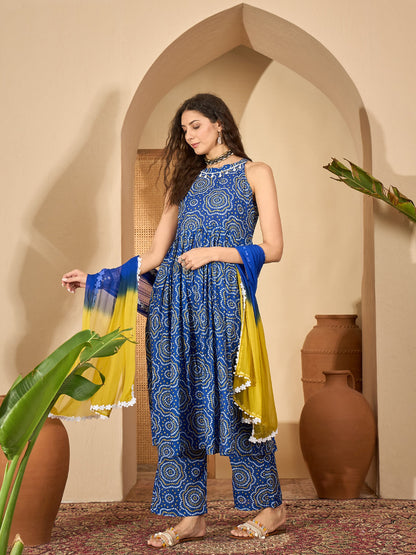 Bandhej Printed Cotton Anarkali Kurta Pant Dupatta Set