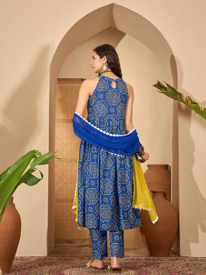 Bandhej Printed Cotton Anarkali Kurta Pant Dupatta Set